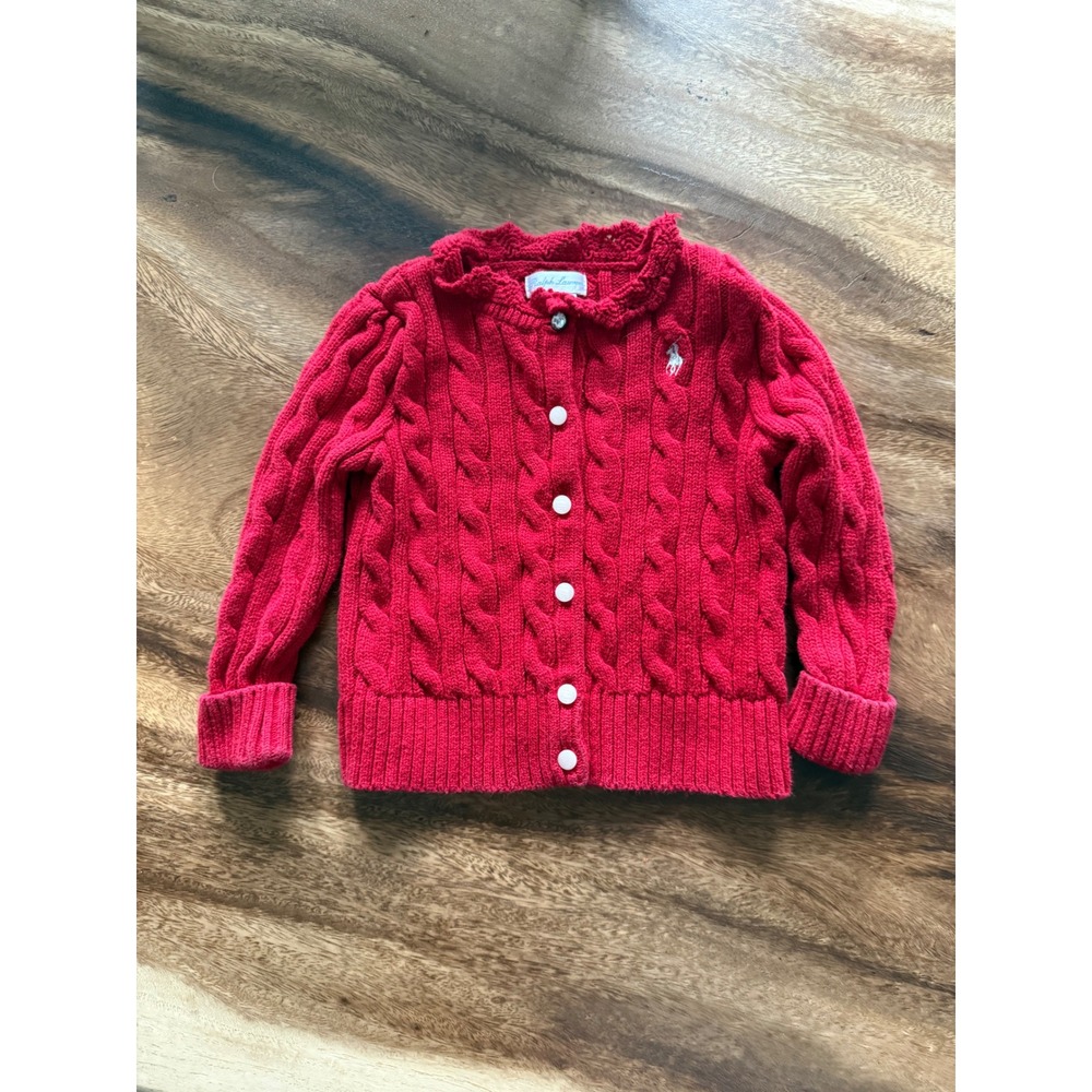 Ralph Lauren Toddler Girls Red Cable Knit Ruffle Collar Cardigan Sweater 18M